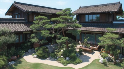 Fototapeta premium 晴れた日の青空の下に広がる、美しく手入れされた松の木と石組みが特徴的な伝統的な日本庭園と、重厚な瓦屋根を持つ木造建築の和風住宅の外観。日本の伝統美と静寂を感じさせる、高級感のある住まいと自然が調和した風景。