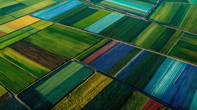 Top View of Vibrant Agricultural Patchwork Fields with Diverse Crop Patterns