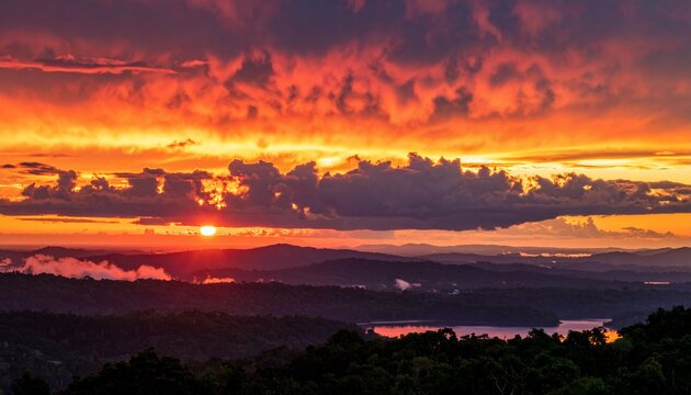 붉은 노을이 지는 산봉우리와 구름, 그리고 호수가 있는 아름다운 풍경