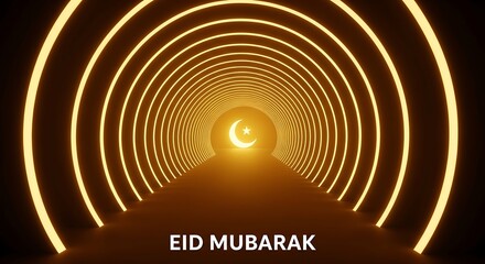 Naklejka premium A luminous tunnel of golden light leads to a crescent moon and star for Eid Mubarak