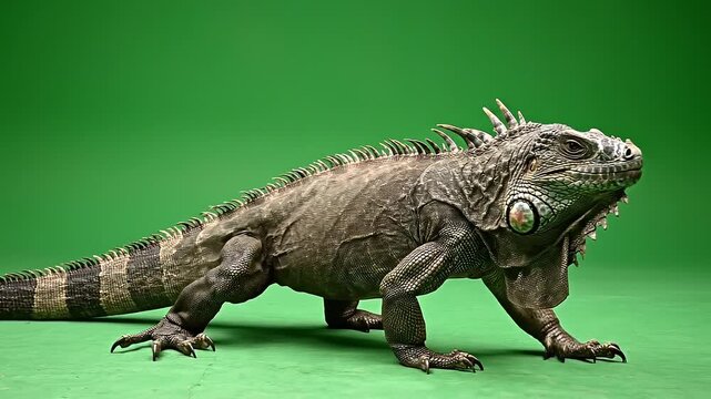 A large iguana standing on a green background, viewed from the side, showcasing its spiky scales and sharp claws.