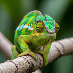 Obraz premium Vibrant Green Chameleon Perched on a Tree Branch in Natural Habitat.