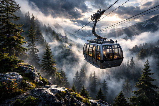 Modern cable car soaring above a misty pine forest at sunset