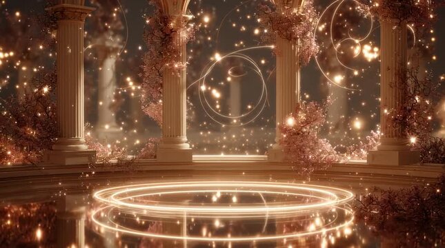 Fantasy scene of soul bound love with two radiant lights circling in harmony, connected by glowing threads, rose gold and champagne tones, cinematic luxury romantic symbolism video.