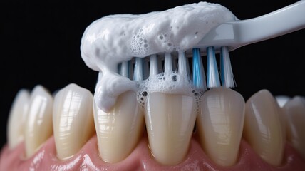 Close-up of toothbrush with toothpaste on teeth for cleaning