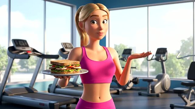 A fit animated woman joyfully showcases a wholesome whole grain toast sandwich at the gym, promoting Heart Health Awareness and a balanced diet for a strong and energetic lifestyle.