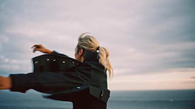 Cinematic fashion portrait of person turning back and pointing toward camera, dramatic minimalist composition, art director photography style with Kodak Portra film look, award-winning editorial