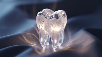 Glowing transparent tooth model with cracks on dark background