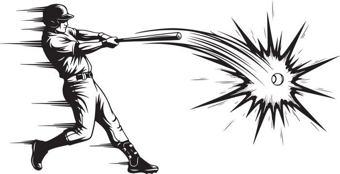 Baseball player hitting ball with bat in motion swing