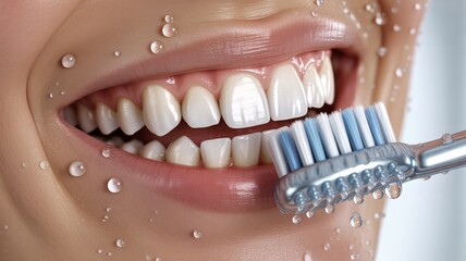Smiling woman brushing teeth with toothbrush and water droplets