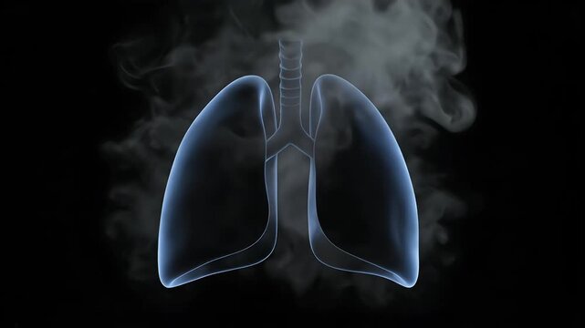 Clinical style animation of human lungs exposed to smoke, where each puff clouds the internal structure and gradually changes the organ color from translucent blue to opaque black