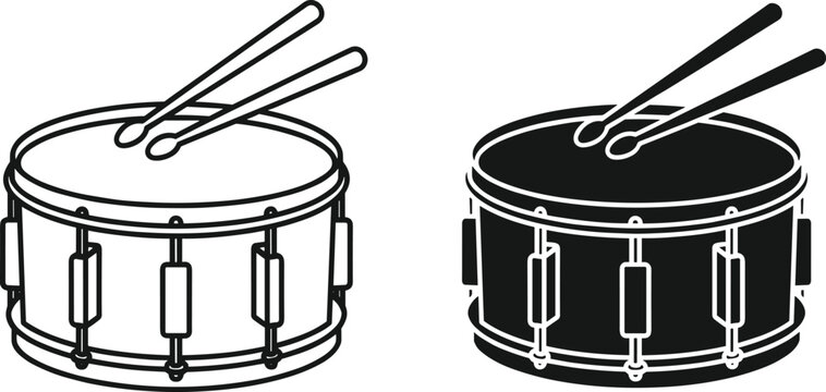Snare drum vector icons featuring line art and solid black silhouette styles with drumsticks for music education percussion performance and orchestral branding
