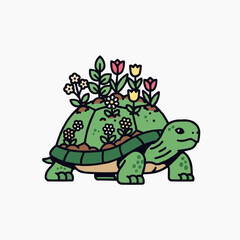 Fototapeta premium Cute cartoon turtle with flowers and plants growing on its shell