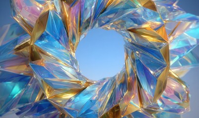 Obraz premium Abstrakcyjny, wielobarwny, holograficzny kształt przypominający wieniec z błękitnym niebem w centrum.