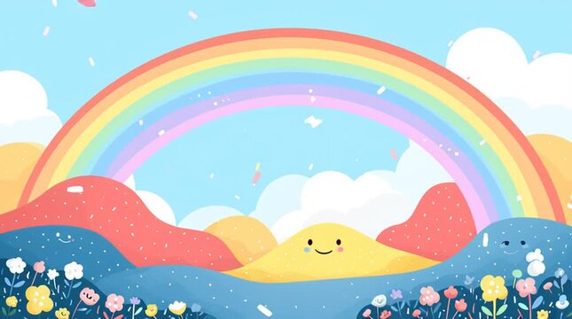 Rainbow arch over cute cartoon landscape with smiling hills, tiny flowers and confetti, open space for captions, colorful 2D vector style, cheerful playful scene  video.
