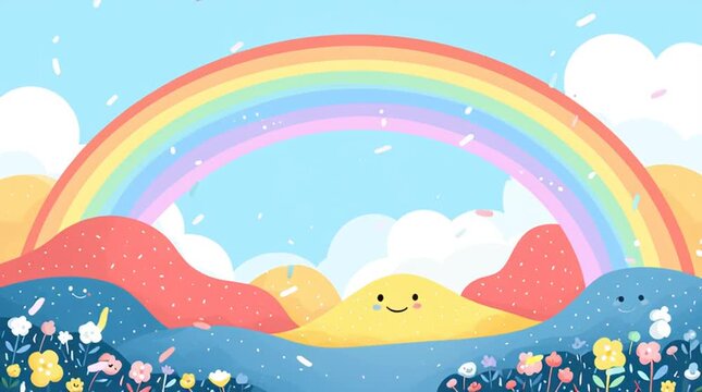 Rainbow arch over cute cartoon landscape with smiling hills, tiny flowers and confetti, open space for captions, colorful 2D vector style, cheerful playful scene  video.