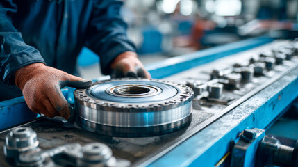 Obraz premium A factory operator replacing worn bearing in conveyor roller assembly.