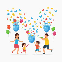 Naklejka premium Family celebrating with water guns, balloons, and butterflies