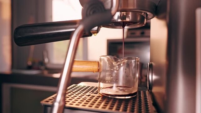 Water leaking from portafilter due to excessive pressure during espresso machine operation, close up view with warm sunlight revealing brewing failure and technical mistake in preparation