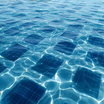 Floating Solar Panels Under Clear Blue Water Surface with Sunlight Reflections