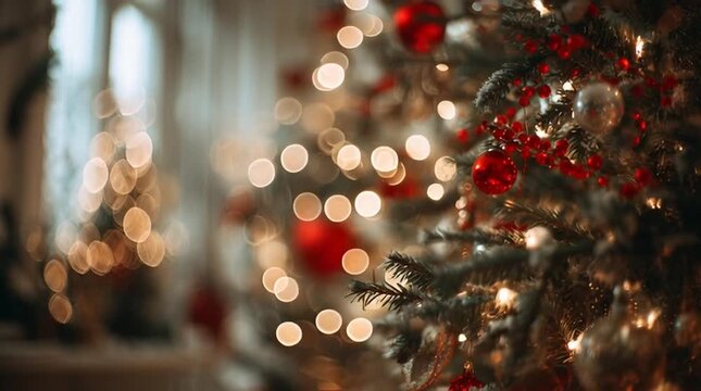 Vintage soft focus closeup of decorated Christmas tree with red ornaments and white lights, blurry 1970s 35mm film style with grain, dust and scratches, nostalgic holiday aesthetic video