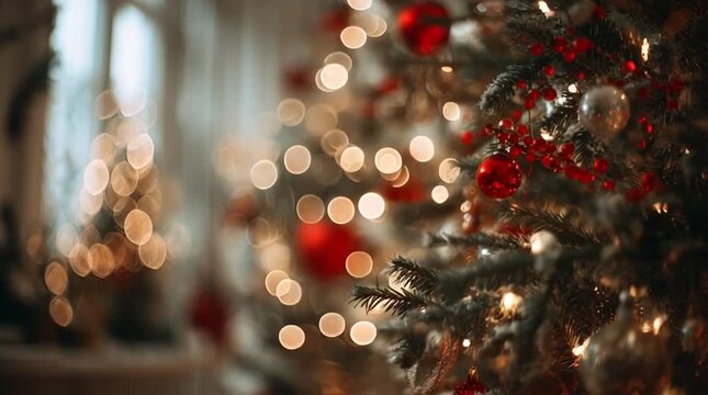 Vintage soft focus closeup of decorated Christmas tree with red ornaments and white lights, blurry 1970s 35mm film style with grain, dust and scratches, nostalgic holiday aesthetic video