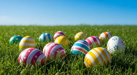 Fototapeta premium Close-up view of vibrant Easter eggs lying in green grass on a sunny day, symbolizing spring and holiday joy.