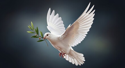 Fototapeta premium White dove flying with olive branch in beak