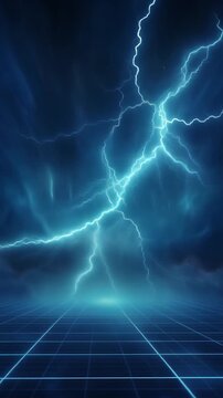 深いインディゴのデジタル空間に鋭いライトニングストリークが走る未来的電気ストーム背景。
シアンのエネルギーパルスと淡いグリッドの霧がハイテクな雰囲気を演出。
高速の閃光とゆっくり消える光がコントラストの強いシネマティックライティングを形成。