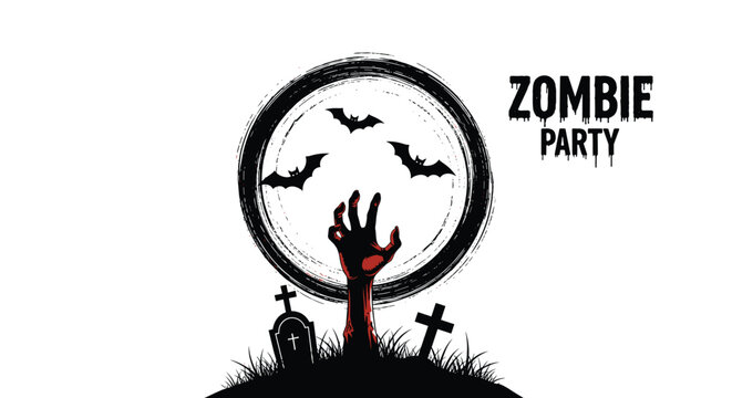 Zombie party invitation with a bloody hand reaching out from a grave in front of a full moon with bats and tombstones.