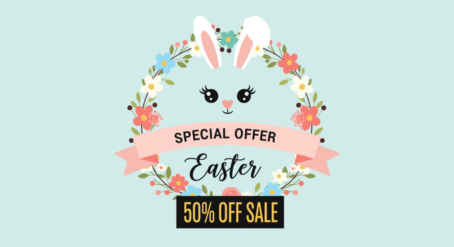 Easter special offer sale banner with a cute bunny face inside a floral wreath on a light blue pastel background.
