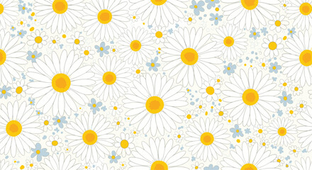 Obraz premium Beautiful seamless pattern featuring various sizes of white daisies with yellow centers and small blue flowers on a light background.