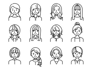 ベクターイラスト素材：若い女性の笑顔の上半身アイコンセット