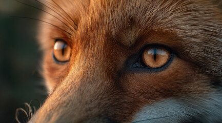 Obraz premium Close up of red fox eye staring directly at camera with detailed fur texture and warm golden light creating intense expressive mood