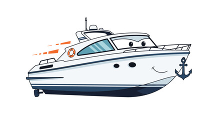 Naklejka premium Cheerful cartoon yacht boat character with eyes and a smiling face sailing with speed lines and a hanging anchor.