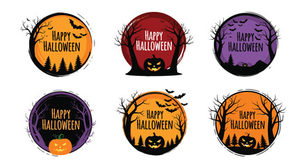 Fototapeta premium Collection of six circular Halloween badges featuring spooky elements like pumpkins, bats, trees, and ghosts under colorful moons.
