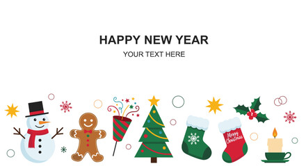 Fototapeta premium Happy New Year horizontal banner with celebratory holiday icons including a snowman, gingerbread man, tree, and stockings.