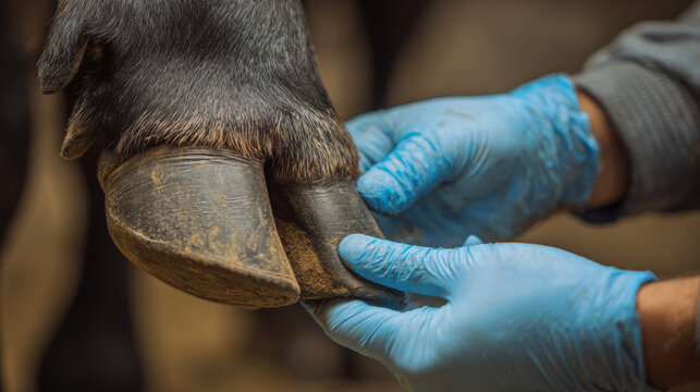 A farm veterinarian inspecting cow hoof for signs of lameness.