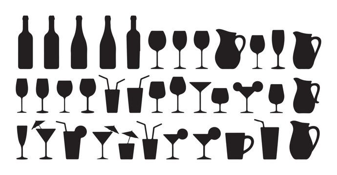 Beverage and drink silhouettes including bottles glasses cocktails and pitchers for menu design elements
