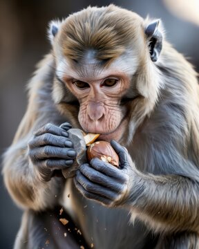 Curious monkey cracking nut close up portrait of intelligent animal behavior in natural daylight wildlife concept