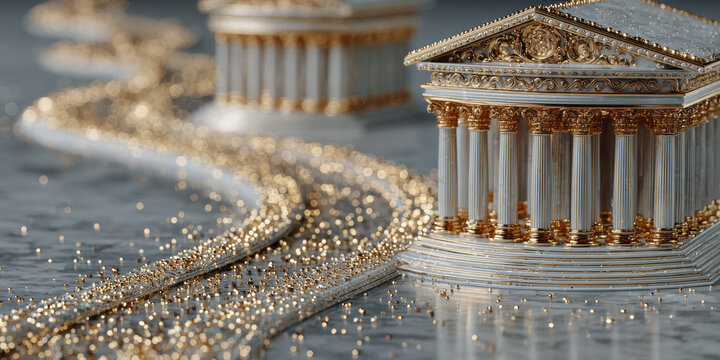 Animated golden treasure trail leading to digital bank, asset, gamified savings concept