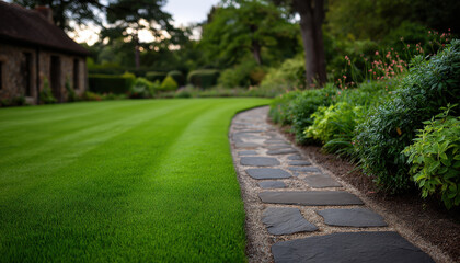 Fototapeta premium Well manicured lawn edge with sharp striped grass, curved stone pathway, lush border planting and mature trees creating tranquil garden atmosphere
