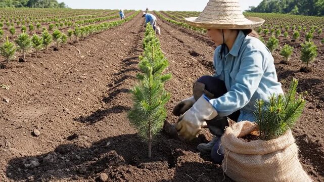 Lady Cultivating Seedlings In Rural Farmland. Agricultural Woman Carefully Planting Young Pine In Sunlight Field. Rural Woman Diligently Setting Seedlings Into Soil Of Sunlit Agricultural Land