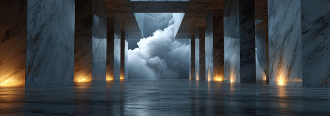 Naklejka premium Vast marble chamber with towering columns and reflective floor opening to dramatic cloud filled sky, cinematic lighting creates moody atmosphere and monumental architectural scale