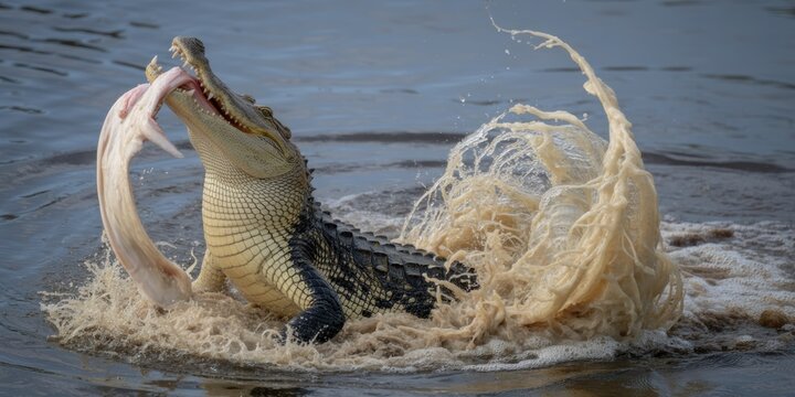 Powerful alligator attack splashing water while catching fish in river wildlife hunting action nature predator scene