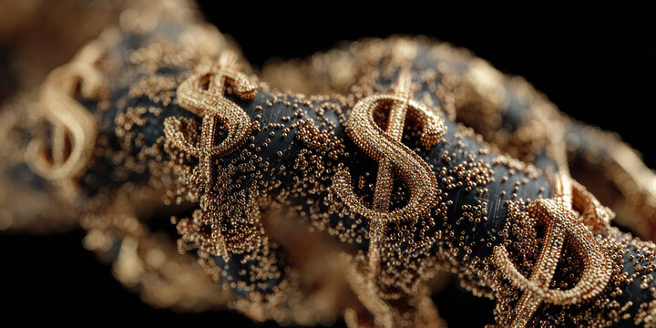 Abstract golden DNA strand with dollar symbols