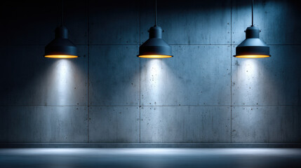 Obraz premium Industrial pendant lamp trio casting cool pools of light on plain grey concrete gallery wall, minimalist interior with dramatic shadows and reflective floor