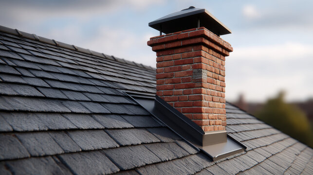 Red brick chimney with metal cap roof flashing asphalt shingle roof rooftop detail chimney flashing close up daylight residential roof construction exterior