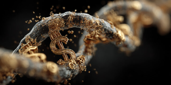 Abstract golden DNA strand with dollar symbols, asset, inherited or generational wealth metaphor 
