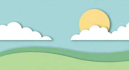Fototapeta premium Serene landscape with rolling green hills fluffy white clouds and a bright yellow sun in a clear blue sky paper cutout style peaceful